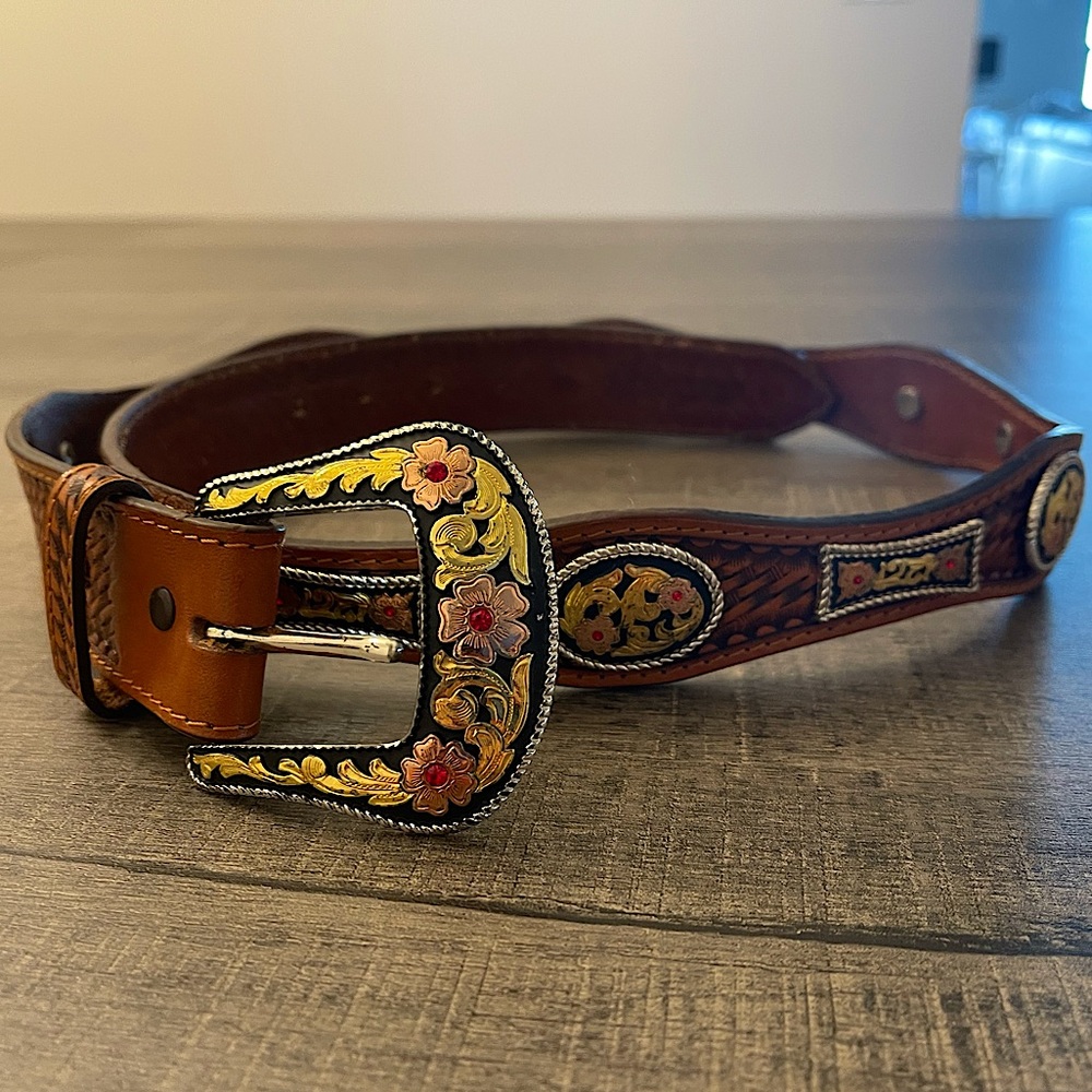 Nocona Distressed Western Rodeo Floral Studded Handtooled Leather Belt Size XL